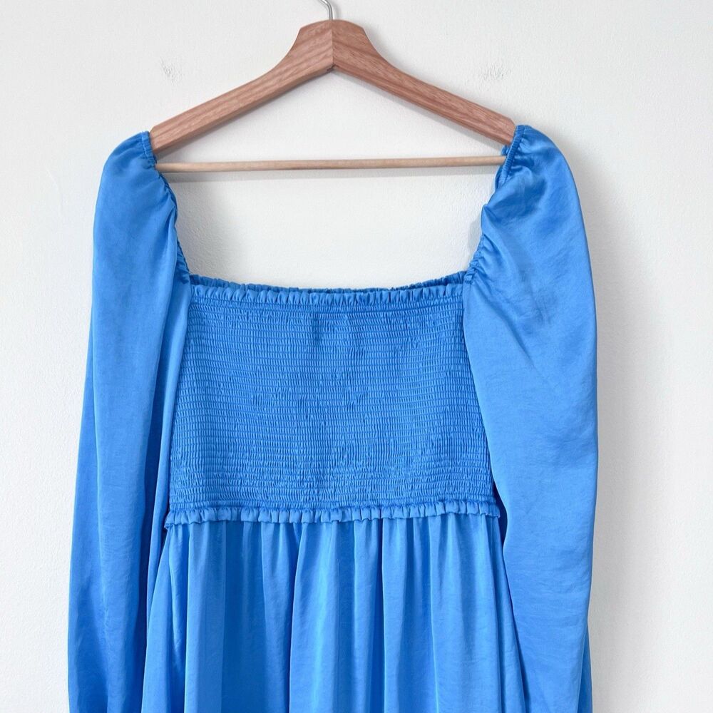 Aritzia Wilfred Tempest Satin Smocked Mini Dress Blue M Long Sleeve Babydoll - Picture 8 of 11